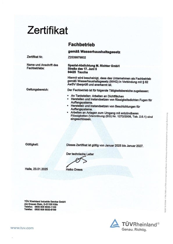 TÜV WHG Zertifikat gültig 31.01.2027