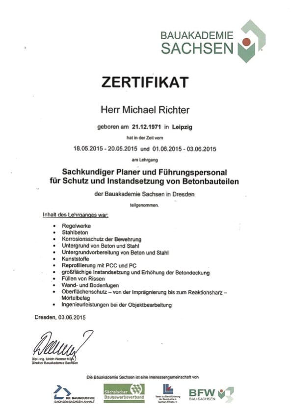 Zertifikat M.Richter Sachkundiger Planer